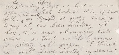 A snippet of a letter from William Bell Dawson to older brother George describing the weather in November of 1869.